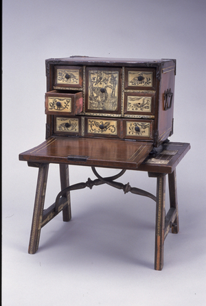Miniature Drop-Front Writing Box with Table (Vargueña), 18th century (wood & ivory)