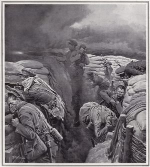 How the gas devil comes - 'the thick green mist came rolling towards the parapet.' Published on the cover of The Sphere, 29 May 1915. (litho)