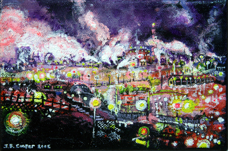 Tirlun Dwydianol yn y Nos, Port Talbot, (Industrial Landscape at Night) (acrylic on canvas)