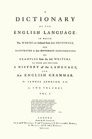 Title page of Volume I, of Johnson's English Dictionary, 1755 (litho)