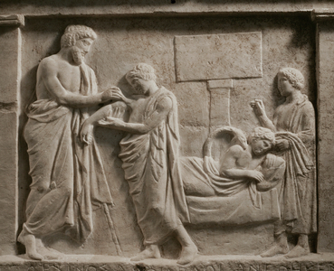 Amphiaraios, the physician, treats the shoulder of a young man