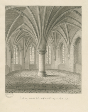 Interior of Lichfield Cathedral - Library above Chapter House: sepia drawing, 1806 (drawing)
