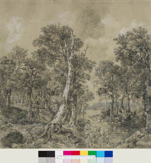A Wooded Landscape with a River, Cattle and Figures, after Jacob van Ruisdael, 1746