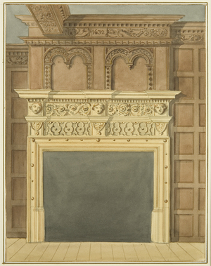Chimneypiece and panelling, dated 1632, in house on north side of St Nicholas Street (w/c on paper)