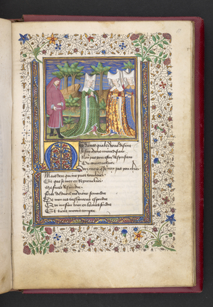 A gentleman in a landscape, following a lady who meets three others, from 'Le livre des quatre dames' by Alain Chartier (ink, colour & gold on vellum)