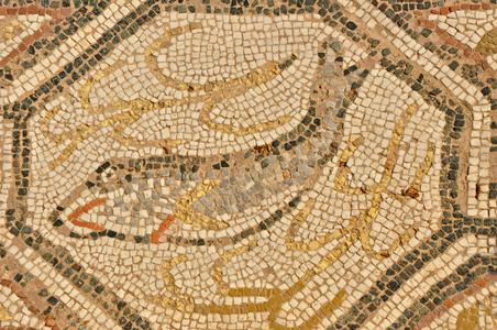 Heraclea Lyncestis archaeological site, mosaic detail in the Great Basilica, a fish, Bitola, Macedonia, Europe