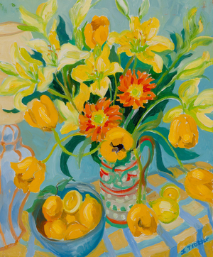 Tulips and Gerbera, (oil on canvas) 