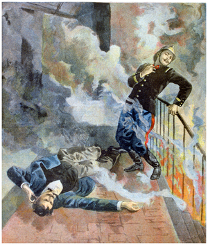 French fireman and civilian overcome by fumes during a fire, 1899