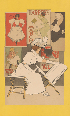 Seated woman at a stand looking at prints, 1897 (colour lithograph)