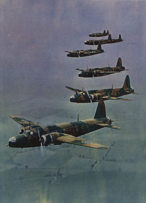 Wellington bombers in formation (colour litho)