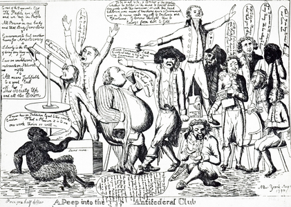 A Federalist cartoon depicting the Republicans as a mob of cutthroat anarchist consorting with the devil. Jefferson stands on a bench and declaims wildly while Republican astronomer David Rittenhouse stargazes at left, 18th century