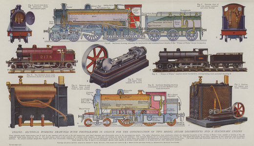 Engine, sectional working drawings with photographs in colour for the construction of two model steam locomotives and a stationary engine (colour litho)