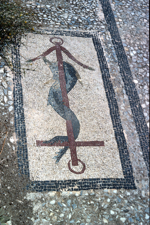 Greece, Delos, Mosaic depicting dolphin entwined around anchor, House of the Trident (photo)