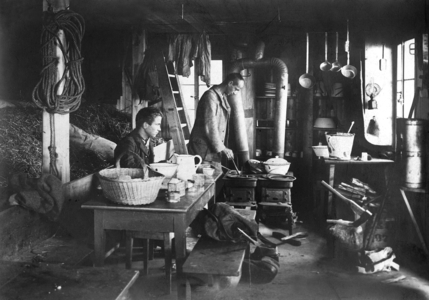 In a hut in the Alps, 1912 (b/w photo)