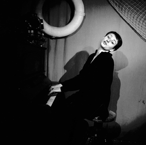 French singer Barbara ( Monique Andree Serf) for the first time singing on stageat L'Ecluse (cabaret), Paris, in 1954 (b/w photo)
