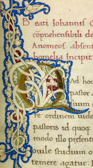 Q From A Life of Christ. Manuscript illustration. An alphabet initial ornamental letter from a religious text.