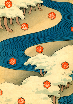 Snowflakes Falling in a River Landscape, 1882 (colour woodblock print)