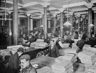 Early Morning at Messrs. WH Smith and Son's: Despatching Newspapers (b/w photo)