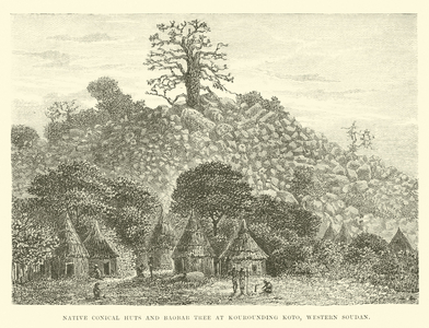 Native conical huts and Baobab tree at Kourounding Koto, Western Soudan (engraving)