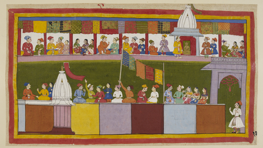 The decorated street in Ayodhya; citizens praise Rāma as their new protector, 1653 (miniature)