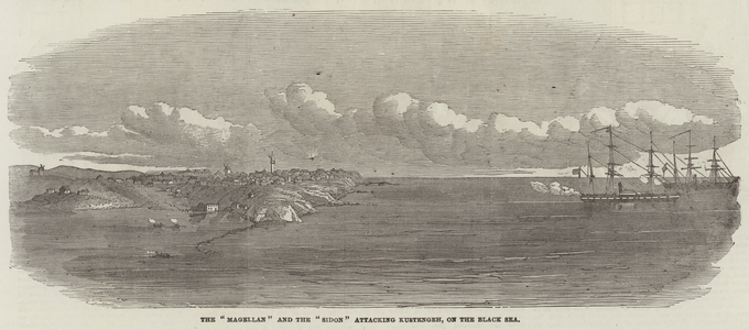 The "Magellan" and the "Sidon" attacking Kustengeh, on the Black Sea (engraving)