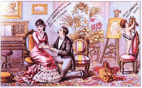 Domestic Sewing Machine Company, "Yes on Condition That you buy me a Domestic with new Wood Work and Attachments", Trade Card, circa 1885
