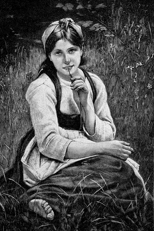 In the Green, Young Woman in Peasant Costume Sitting in a Meadow