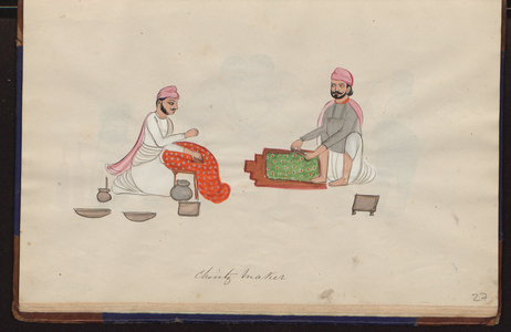 Two chintz makers with blocks and fabric, 1885 (drawing)