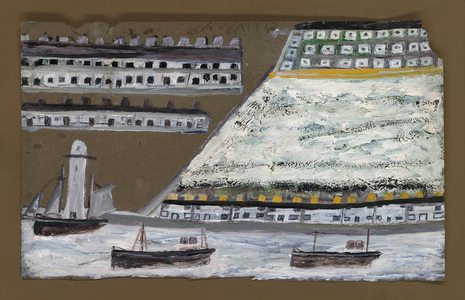 Ships and lighthouse, houses (pencil & oil on paper)