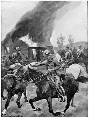 British colonial troops burning a rebel Boer's farm. After painting by R. Caton Woodville. 2nd Boer War 1899-1902.