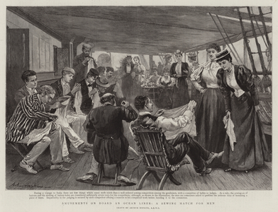 Amusements on Board an Ocean Liner, a Sewing Match for Men (engraving)