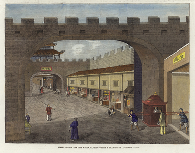 Street within the city walls, Canton (coloured engraving)