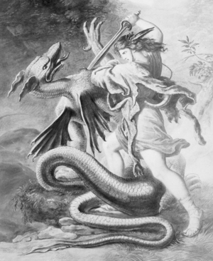 Siegfried as dragon killer (b/w photo)