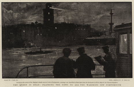 The Queen is Dead, flashing the News to all the Warships off Portsmouth (litho)