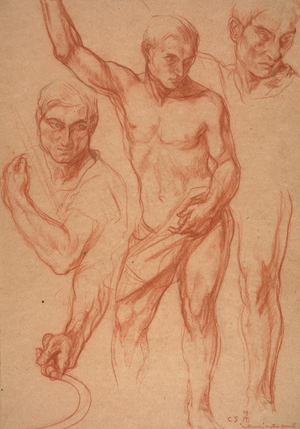 Male figure study with re-studies of head, arms, shoulder, and leg (sketches for centre panel of "Autumn"), April 8, 1918 (pencil & chalk on paper)