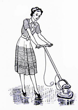 Illustration depicting a housewife buffering the floor