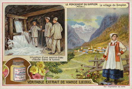 Village of Simplon, Switzerland, and workers encountering an inflow of hot water inside the Simplon Tunnel (chromolitho)