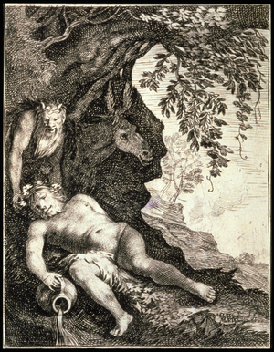 Drunken Silenus'. Etching. Moses Matheusz van Uyttenbroeck (c1595-c1647) Dutch painter and engraver. In Roman mythology Silenus was the drunken attendant of Bacchus, god of Wine. His mount, an ass (donkey) is shown. 