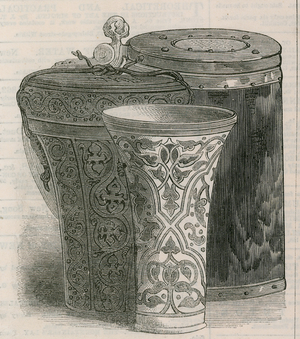 Drinking vessels: 'The Luck of Eden Hall,' with leather case for same, and a peg tankard of wood (engraving)