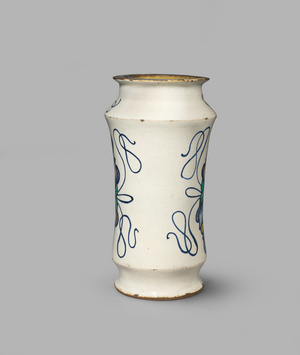 Drug jar or albarello with an eagle and a scroll, c.1500 (tin-glazed earthenware (maiolica))