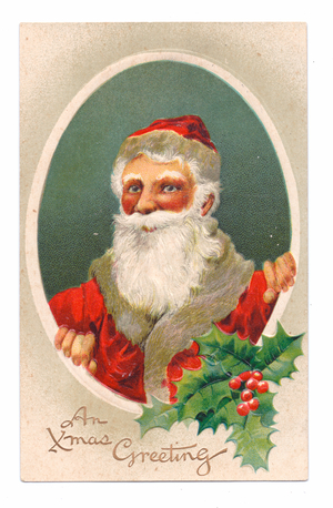 Edwardian Christmas postcard of Father Christmas looking out of a circle, c.1910 (colour litho)