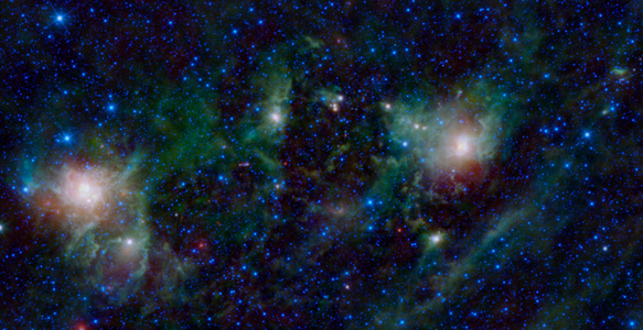 This latest image from NASA's WISE shows three different nebulae located in the constellation of Perseus. NGC 1491 is seen on the right side of the image, SH 2-209 is on the left side and BFS 34 lies in between.