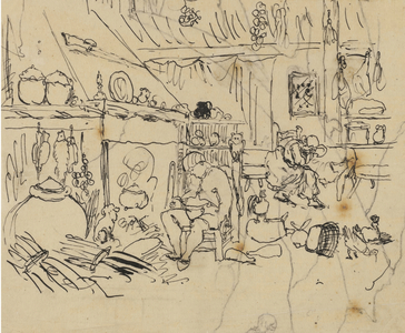 Misery at Home (pen and black ink over graphite, on tan tracing paper, laid down on cream wove paper)