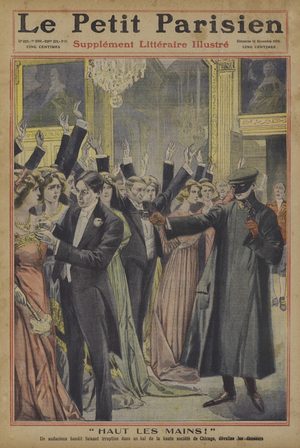 Hands up! An audacious robber relieving guests at a society ball in Chicago of their jewellery (colour litho)
