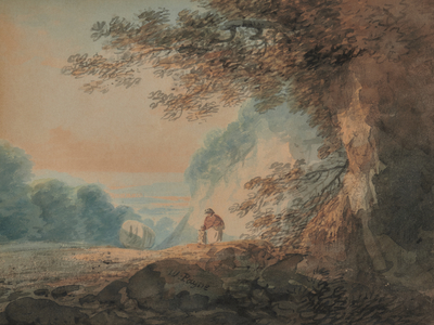 Landscape, tree in right foreground cart and figures of woman and child, 19th century (Watercolour)