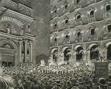 Serenade by Choral Societies given the night of 28 May due to the visit of the Queen Regent Maria Cristina of Habsburg-Lorraine to the Monastery of Montserrat. Catalonia. Spain.