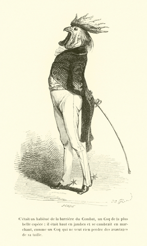 C'etait un habitue de la barriere du Combat, un Coq de la plus belle espece, il etait haut en jambes et se cambrait en … (engraving)