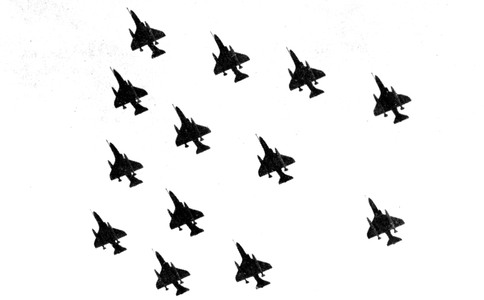 Falklands War: Argentina Air Force Skyhawk planes flying to San Carlos, 1982 (b/w photo)