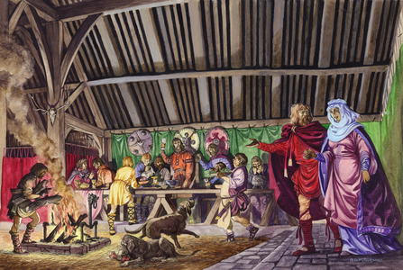 Anglo-Saxon Thane leads his Wife into the Great Hall (gouache on paper)