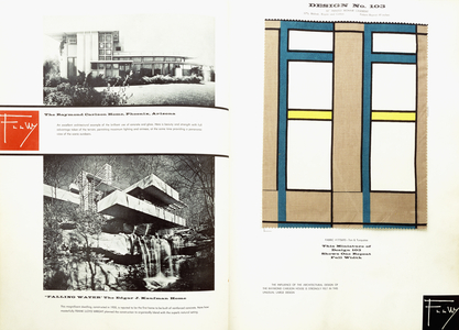Two buildings and a design, c.1955 (bound book with printed photographs and samples of wallpapers an)